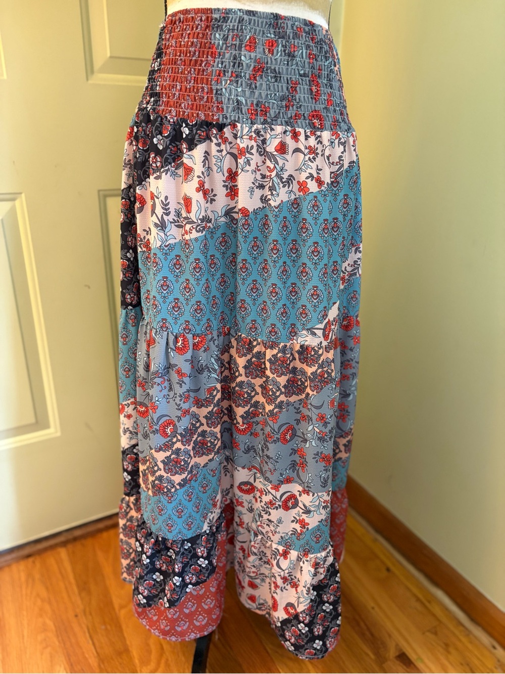 BOHO Printed Patchwork Smocked Waist Maxi Skirt size M